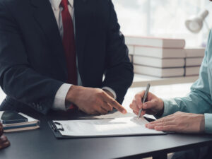 business litigation attorney with client