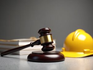 Gavel, yellow hard hat on a construction lawyer's desk